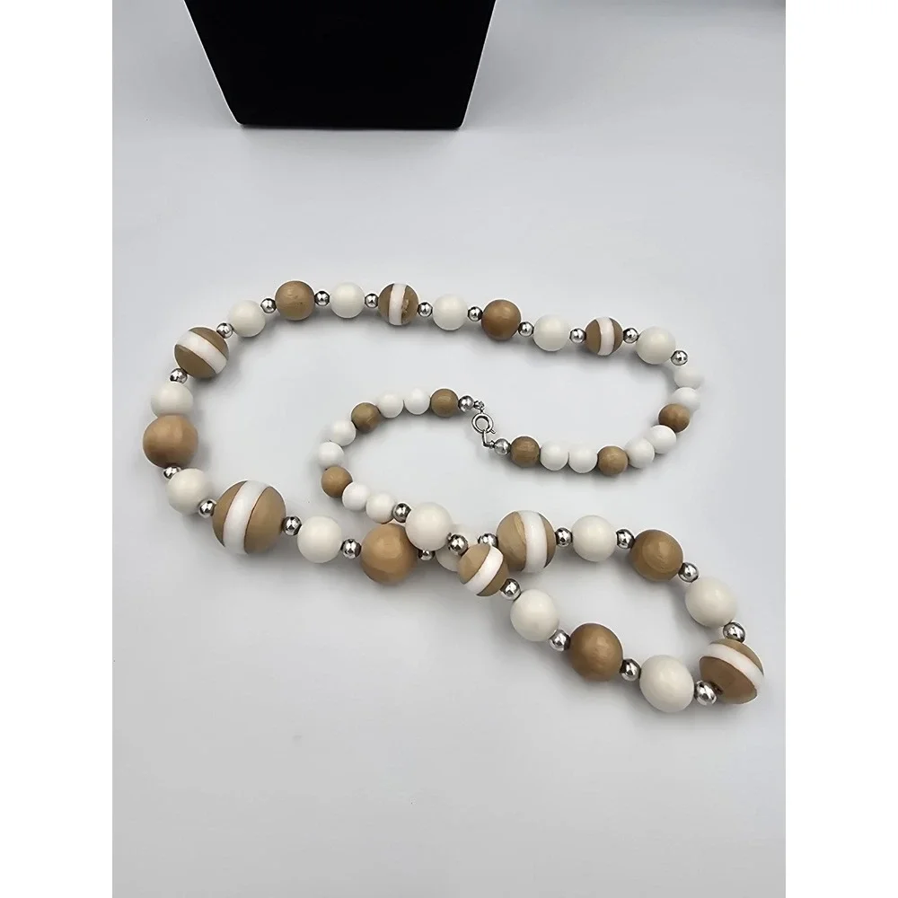 Vintage Wood & White Beaded Necklace Long Statement‎ Jewelry Silver Tone Clasp